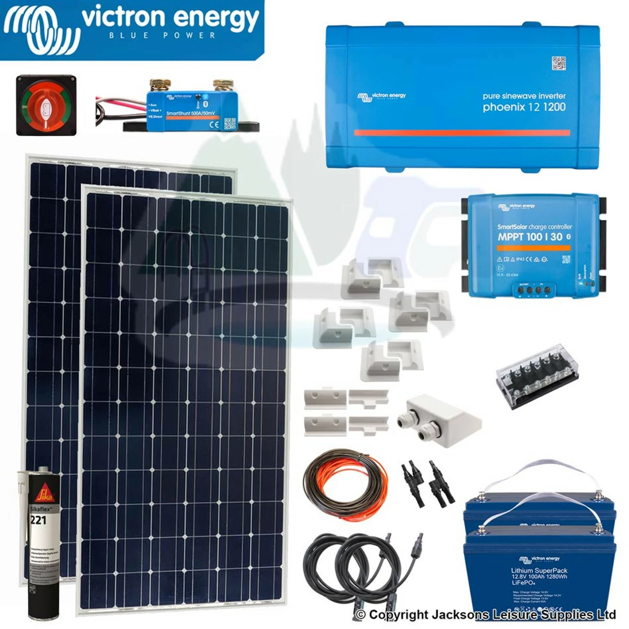 Victron Energy Victron Solar Kit 350W Solar Panels With LiFePO4 Batteries, Pure Sinewave Inverter, Charger And Fittings Kit-12 1 Victron Energy Victron Solar Kit 350W Solar Panels With LiFePO4 Batteries, Pure Sinewave Inverter, Charger And Fittings Kit-12